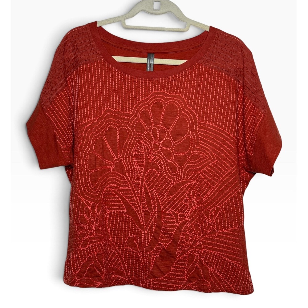Anthropologie Embroidered Floral Short Sleeve Top Rust Red Cotton Size Medium